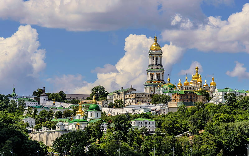 Cloister in Kiew, Ukraine, church, buildings, golden, city, clouds, sky, HD wallpaper