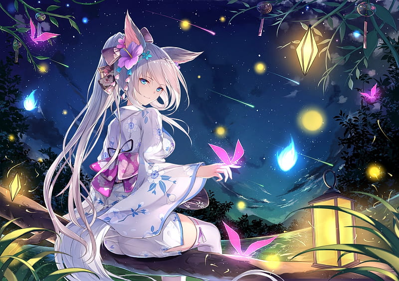 Fox girl, butterfly, lantern, fox, girl, anime, manga, pink, night, HD wallpaper