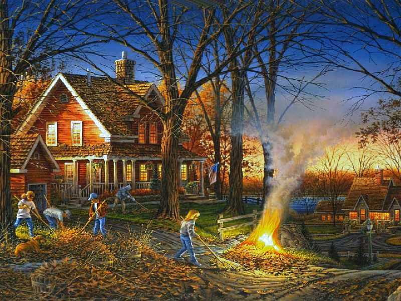 Autumn Evening, family, fall, raking, house, children, country, trees, lake, fire, leaves, parents, crisp, clean up, activity, dog, HD wallpaper