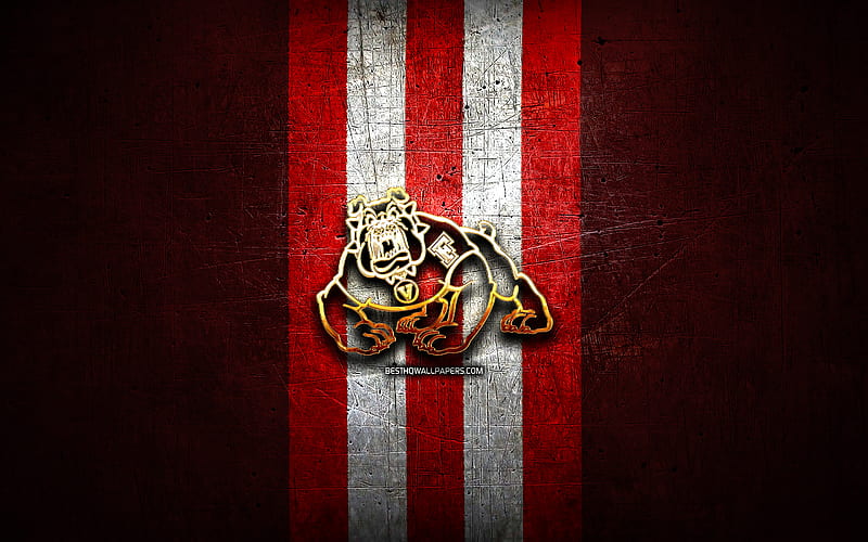 Fresno State Bulldogs, golden logo, NCAA, red metal background, american football club, Fresno State Bulldogs logo, american football, USA, HD wallpaper