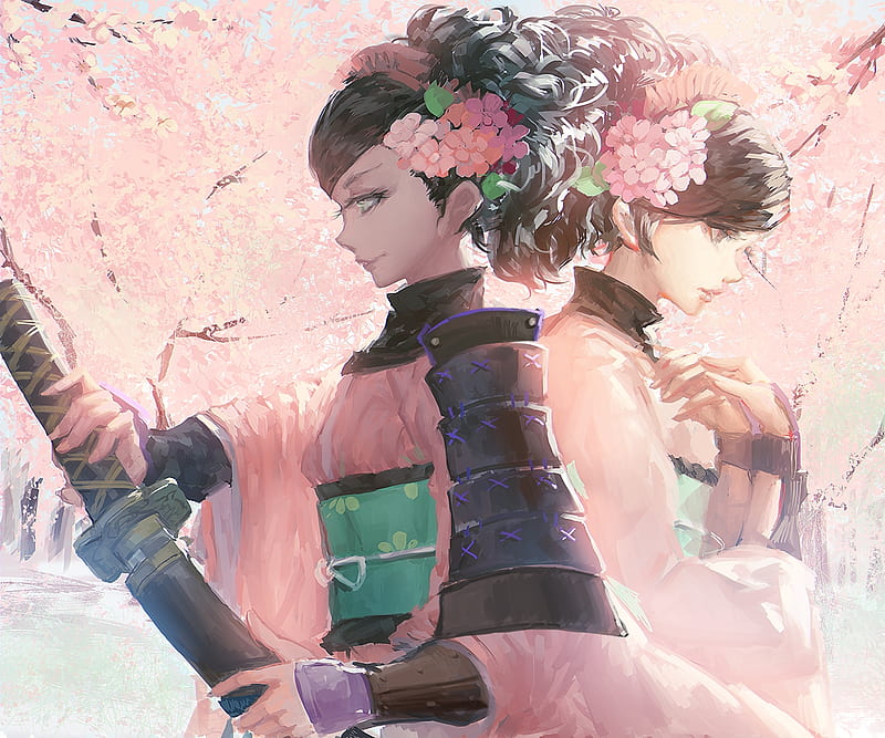 Samurai, luminos, manga, blackrabbitsoul, girl, anime, katana, pink