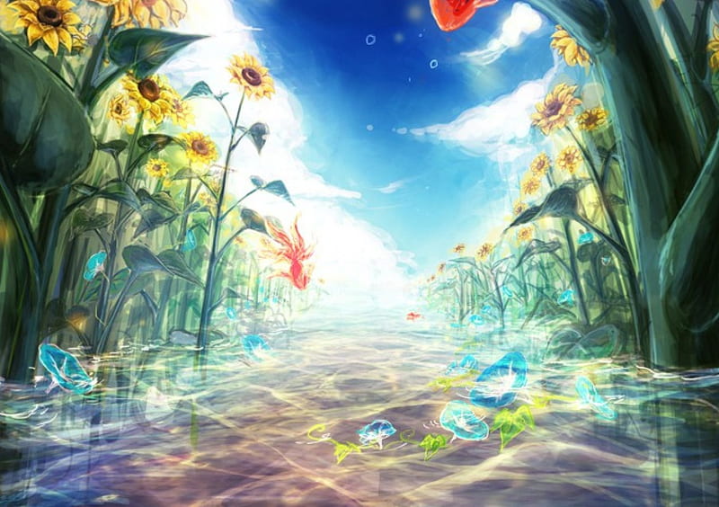 Beauty Field, art, watet, fishes, orange, yellow, bonito, sky, clouds, water, sunflowers, anime, flowers, river, field, light, blue, HD wallpaper