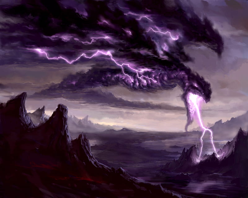 77885. jpg, purple, clouds, dragon, sky, mountins, litghtening, HD wallpaper