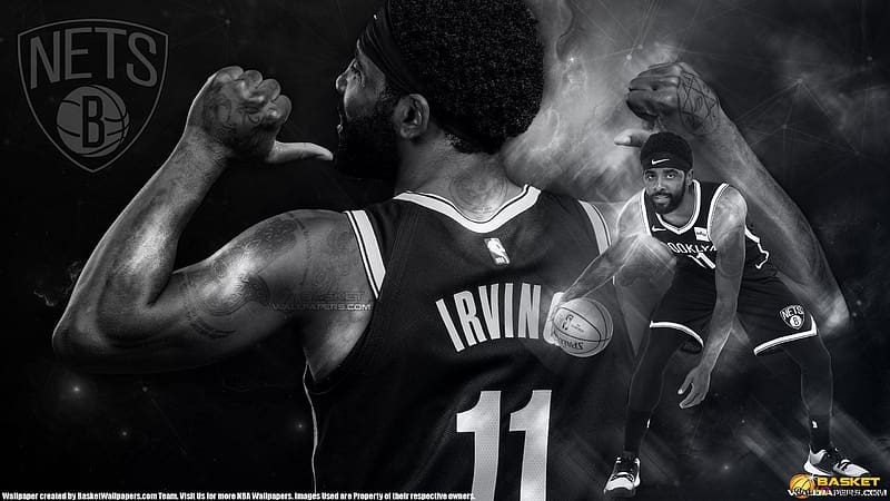Kyrie irving black and white and showing his name on his jersey, Name Brooklyn, HD wallpaper