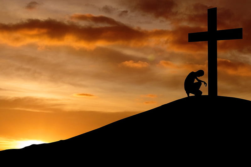 Prayer, christ, jesus, sunset, silhouette, cross, HD wallpaper