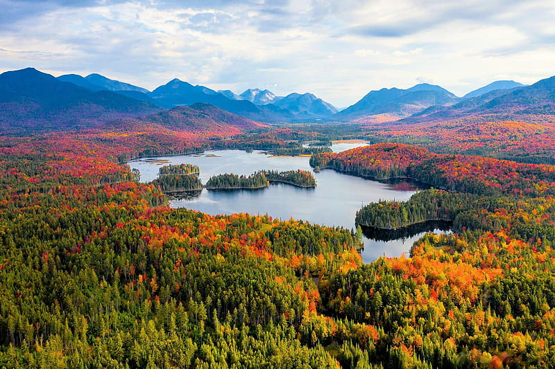 Autumn at Adirondacks region of NY, lake, fall, peaks, colors, clouds, sky, HD wallpaper