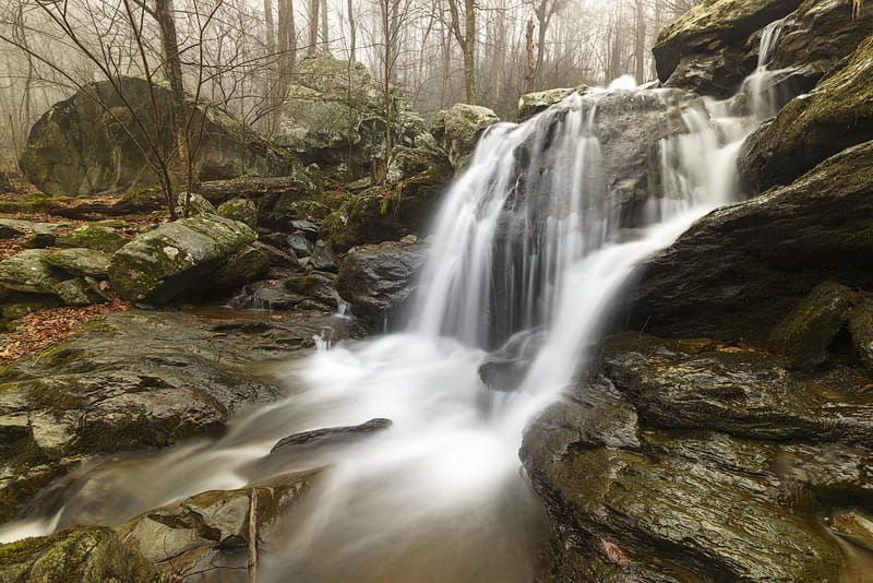 waterfall, rock, stream, water, fog, HD wallpaper