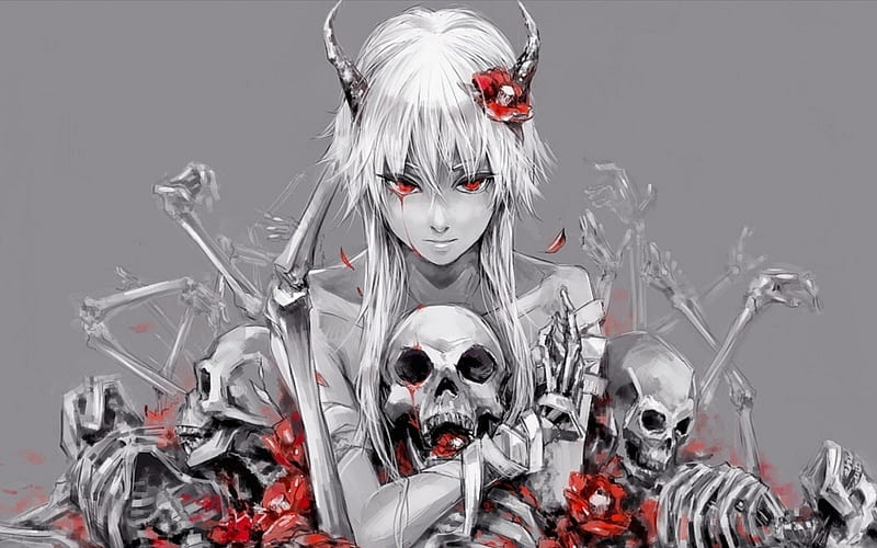 Demon, red, manga, horns, bw, anime, flower, mirai, skull, bones, HD wallpaper
