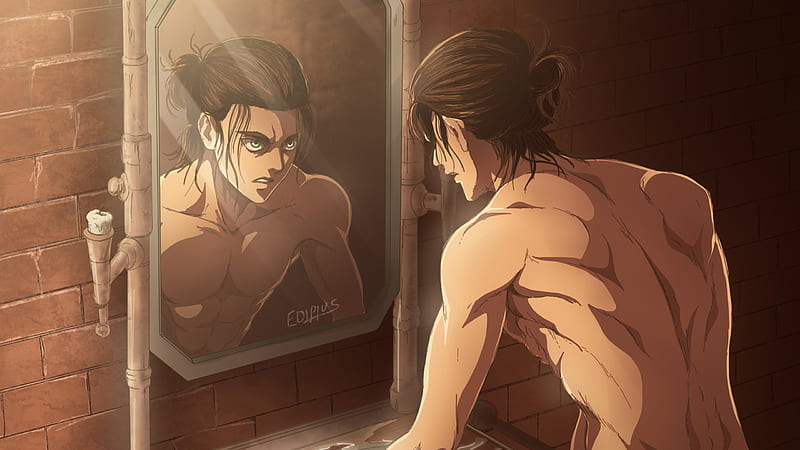 Attack On Titan Eren Yeager In Front Of Mirror Seeing His Face With Backgroud Of Brown Wall Anime, HD wallpaper