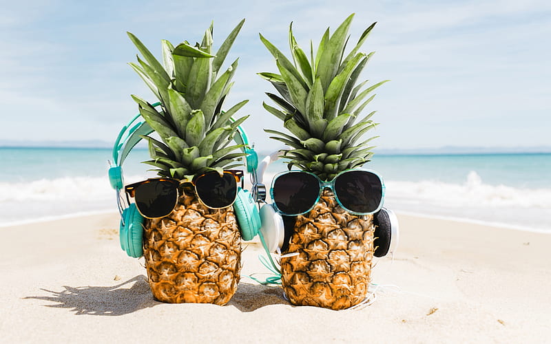 pineapples with headphones, summer tourism, beach, sand, pineapples with glasses, summer background, tropical islands, vacation, HD wallpaper