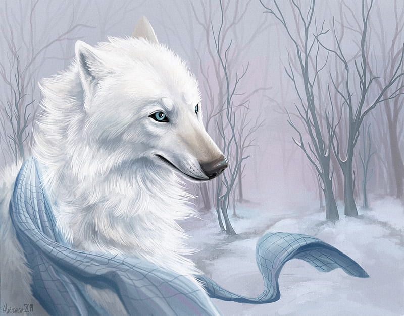 White wolf, fantasy, ann hetmanchuk, luminos, lup, wolf, white, blue, winter, HD wallpaper
