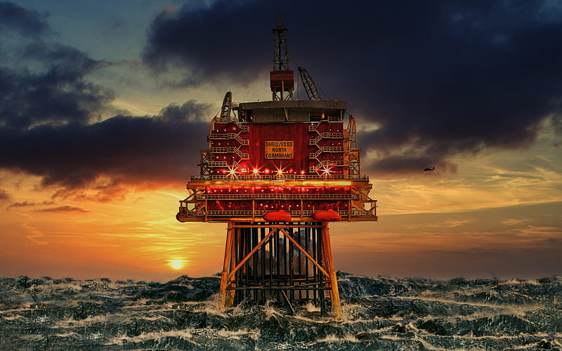 oil platform, storm, North Sea, gas production platform, big waves, evening, sunset, HD wallpaper