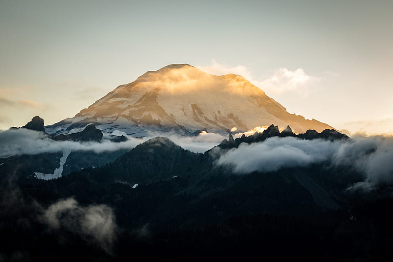 Sun Setting Behind Mount Rainier , sunset, mountains, nature, HD wallpaper