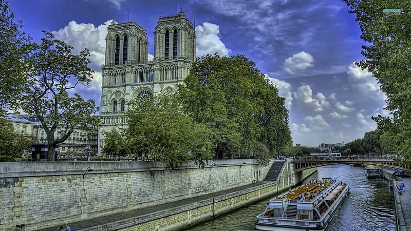 ~Notre Dame de Paris~, ancient, Notre Dame, church, trees, sky, clouds, building, boat, holy, Paris, famous, river, landscape, HD wallpaper