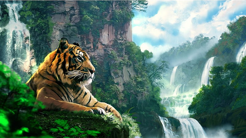 Tiger Forest Waterfall Art, HD wallpaper