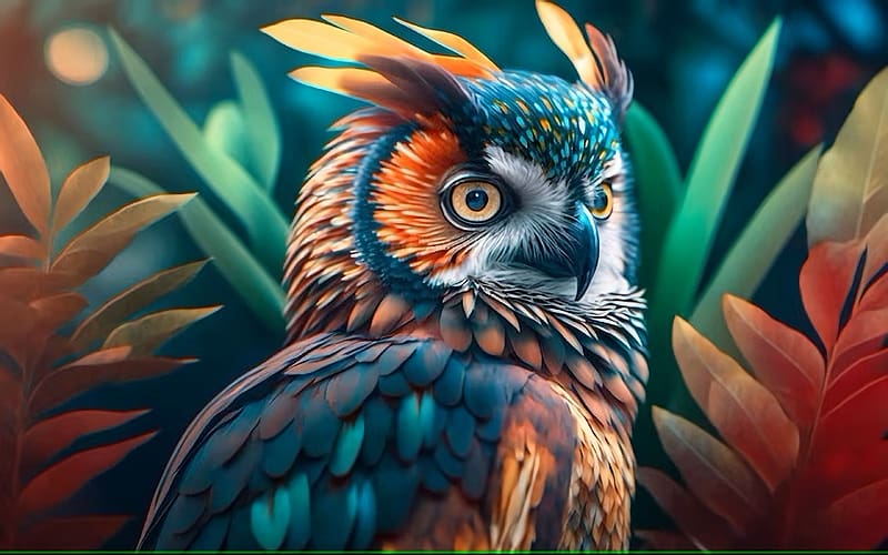 Beautiful owl at stunning tropical forest, digital, leaves, bird, feathers, art, eyes, raptor, HD wallpaper