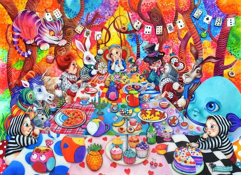 A mad tea party, tea party, art, colorful, fantasy, alice, kerry darlington, wonderland, HD wallpaper