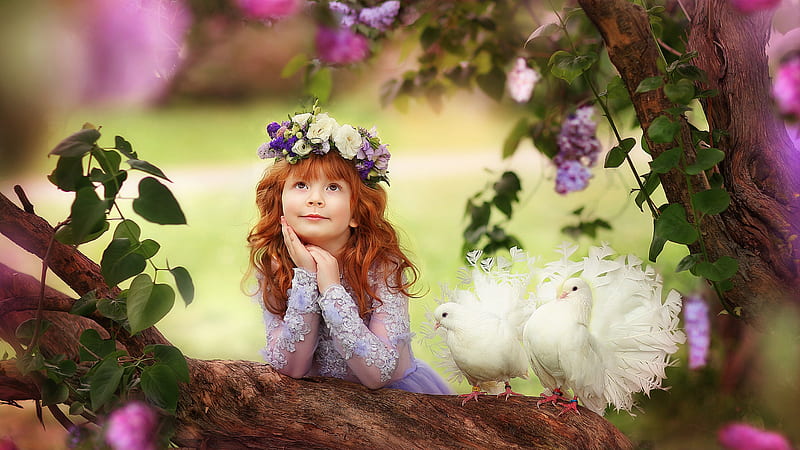 Little Cute Girl Is Holding Face With Hand Looking Up Leaning On Tree Trunk With Pigeon Nearby Wearing Redhead Wreath Cute, HD wallpaper