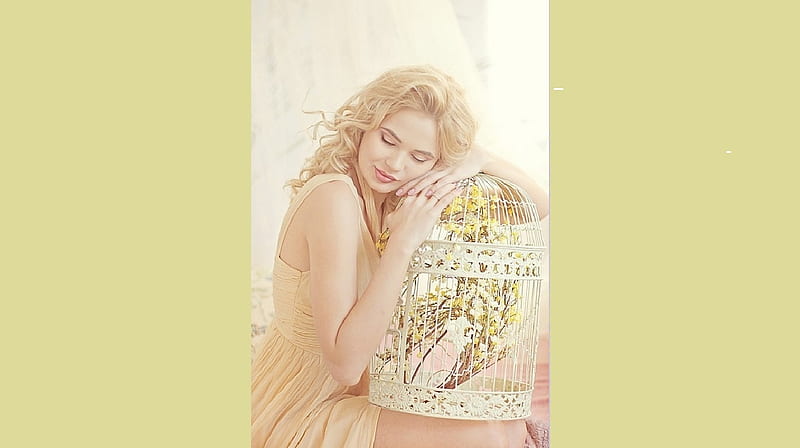 Kseniya Mikhaleva known as Talia Cherry, flower arrangement, clutching bird cage, rings, sitting, blonde, pale yellow mini dress, HD wallpaper