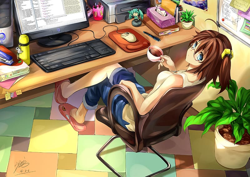 Anime, Coffee, Chair, Vocaloid, Glasses, Computer, Desk, Hatsune Miku, HD wallpaper