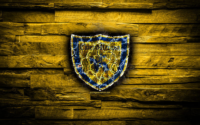 Chievo Verona FC, fiery logo, Serie A, yellow wooden background, italian football club, grunge, AC Chievo Verona, football, soccer, Chievo Verona logo, fire texture, Italy, HD wallpaper