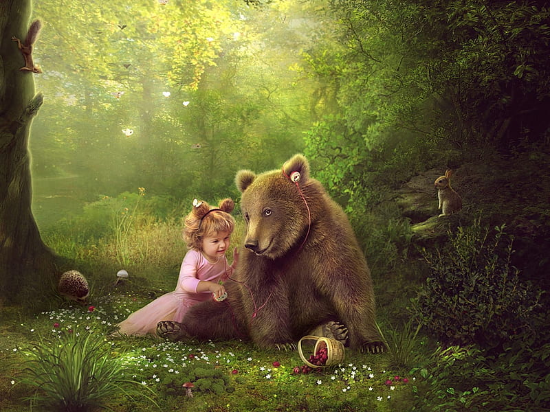 My friend Teddy, friend, girl, copil, bear, child, creative, ileeni, forest, luminos, fantasy, HD wallpaper