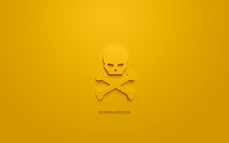 Poison 3d icon, yellow background, 3d symbols, The skull and crossbones, creative 3d art, 3d icons, Caution sign, Caution 3d icons, skull and crossbones icon, HD wallpaper