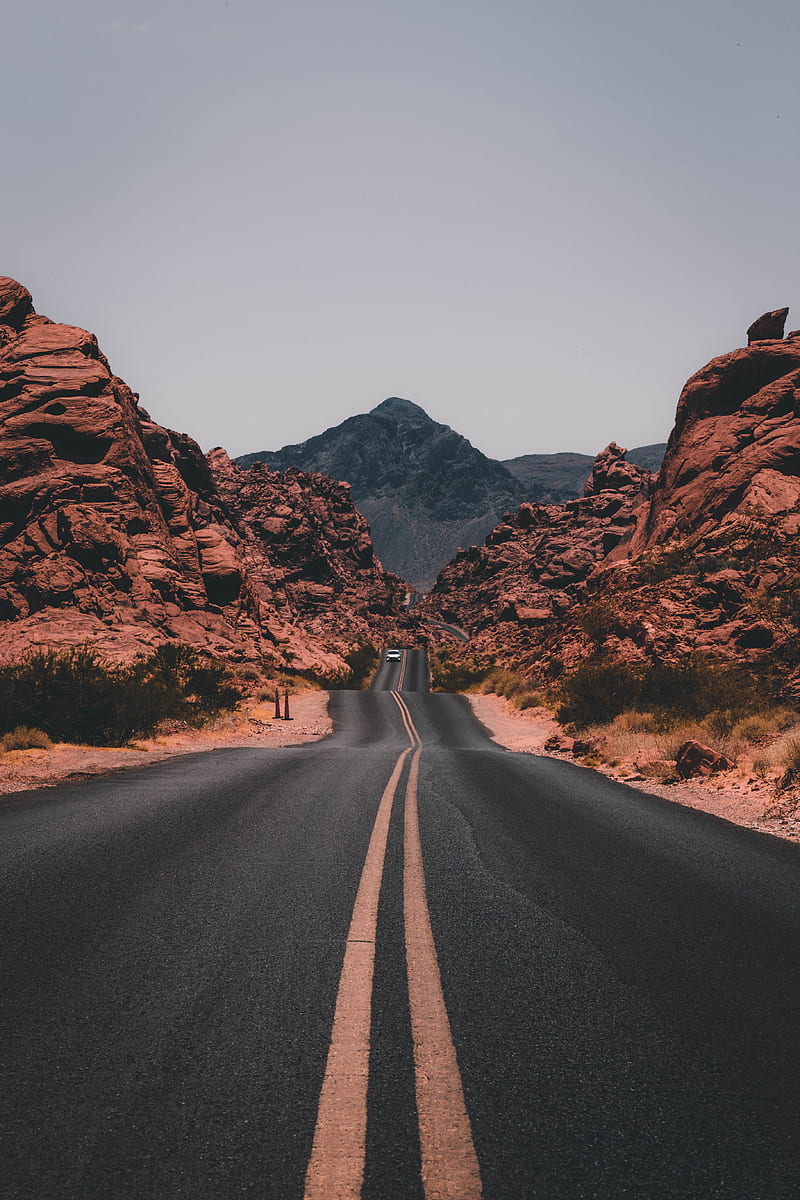 landscape, rocks, road, car, plants, Valley of Fire State Park, USA, cliff, valley, HD phone wallpaper