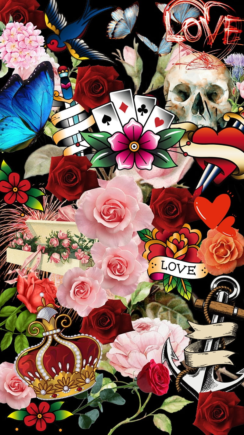 Happy Days, day, dead, flowers, heart, love, pink, red, roses, skull, sugar, HD phone wallpaper