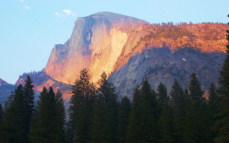 Sunset light on Half Dome, Yosemite National Park, California, sunshine, trees, sky, usa, HD wallpaper