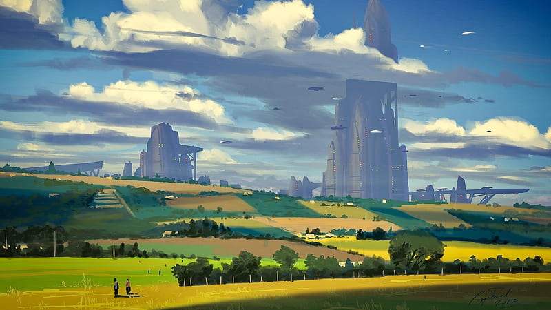 fantasy landscape, towers, clouds, field, scenery, Fantasy, HD wallpaper