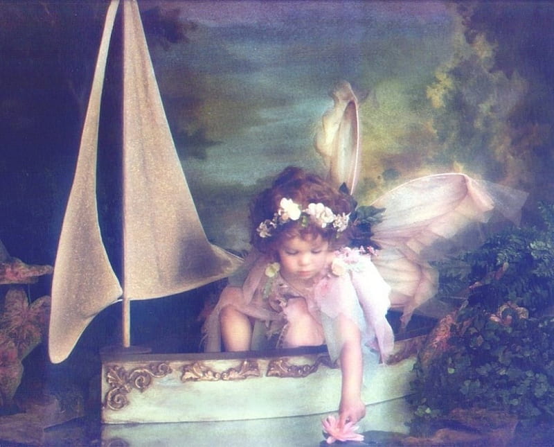 LITTLE ANGEL, little girl, flower, boat, angel, HD wallpaper