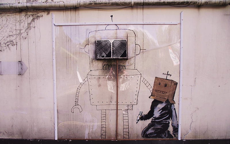 Banksy Box Head, art, banksy, head, box, graffiti, robot, HD wallpaper