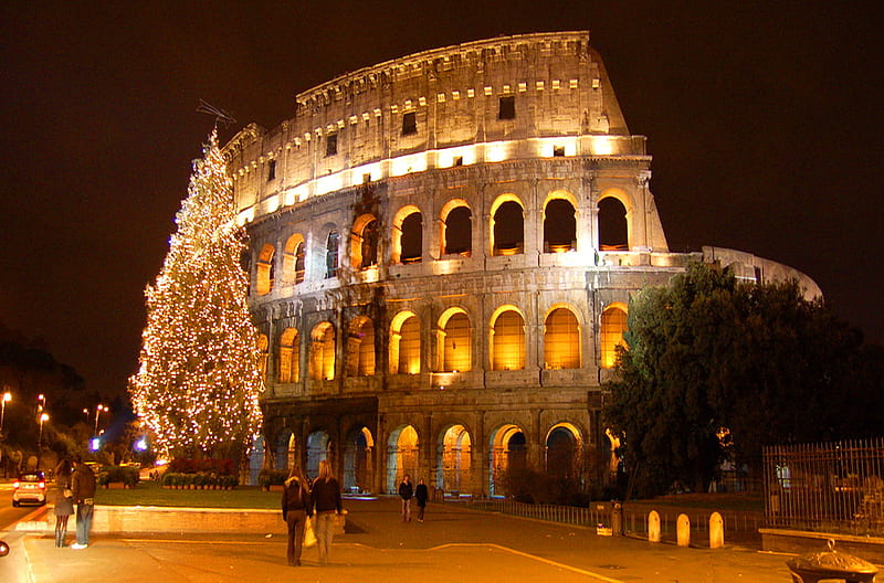 Roman Christmas, christmas tree, glow, coliseum, ancient beauty, christmas, rome, lights, night, HD wallpaper