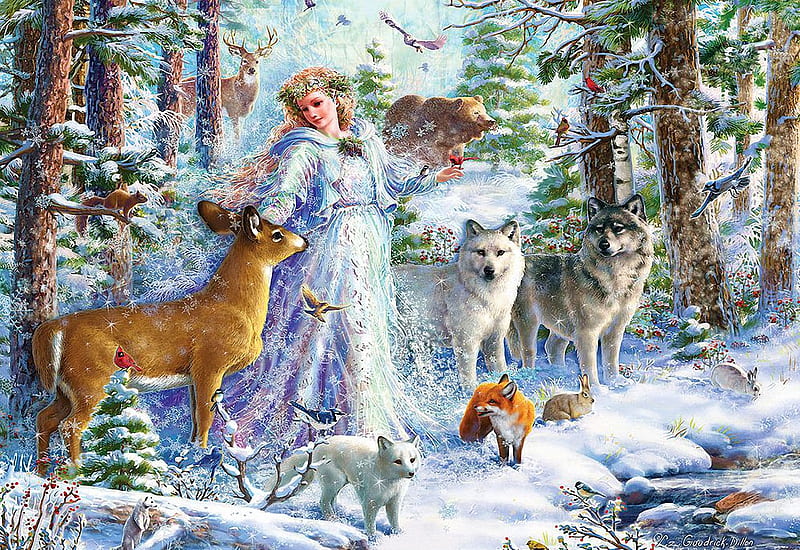 Spirit of Winter, forest, rabbit, pig, squirrel, birds, trees, deer, snow, girl, fox, painting, wolves, animals, fairy, HD wallpaper