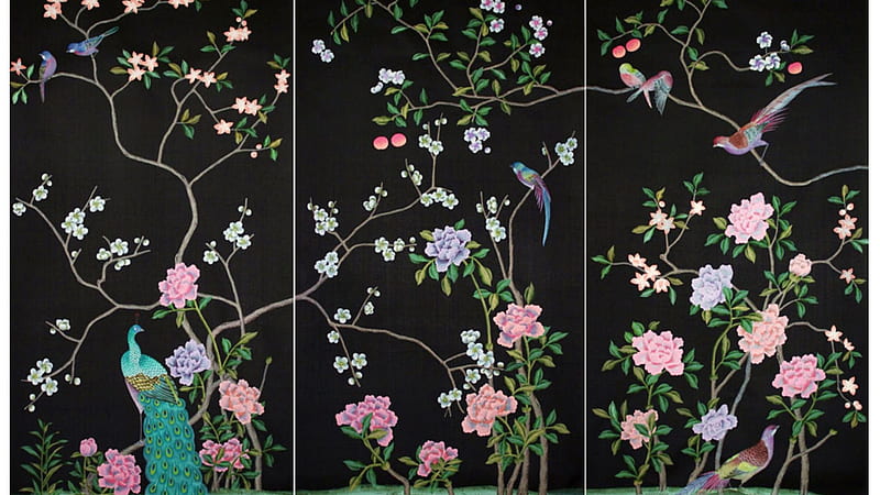 Black Wall Birds Leaves Chinoiserie Chinoiserie, HD wallpaper