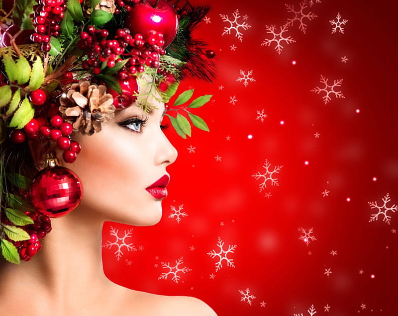 Beauty, woman, lips, tree, merry christmas, snowflakes, decorations, makeup, red background, HD wallpaper