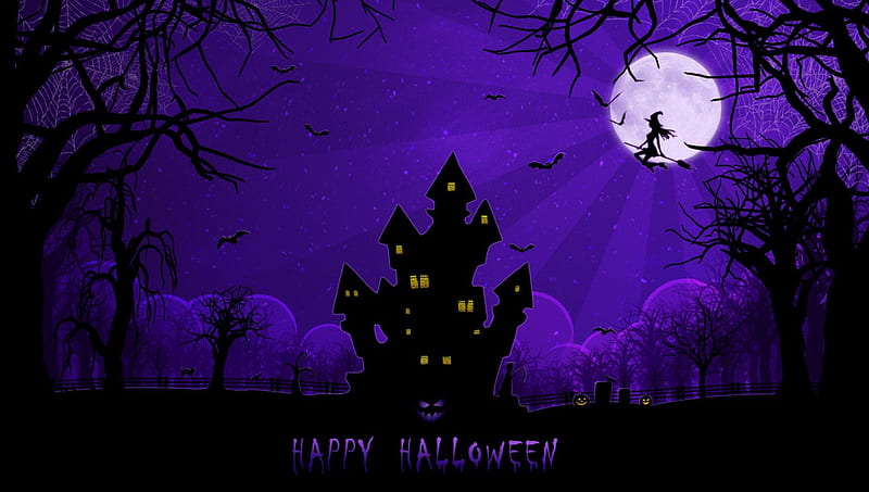 Purple Halloween, witch, house, happy halloween, bats, haunted, spooky, purple, castle, jack o laterns, HD wallpaper