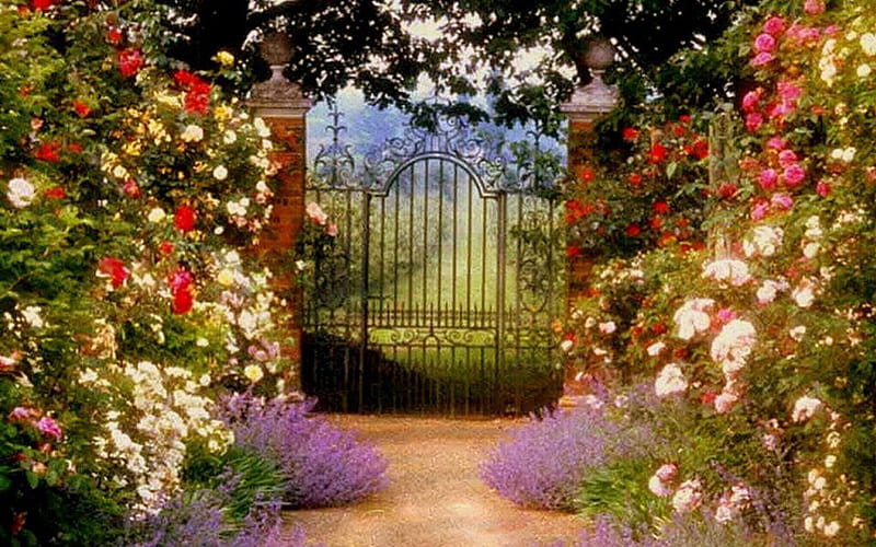 entrance to Paradise, gate, Paradise, flowers, garden, blooming, entrance, yard, HD wallpaper