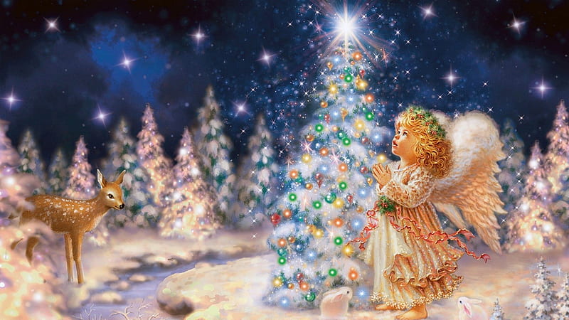 A Girl Child Is Standing Near A Glittering Christmas Tree And Deer On Side Christmas Tree, HD wallpaper