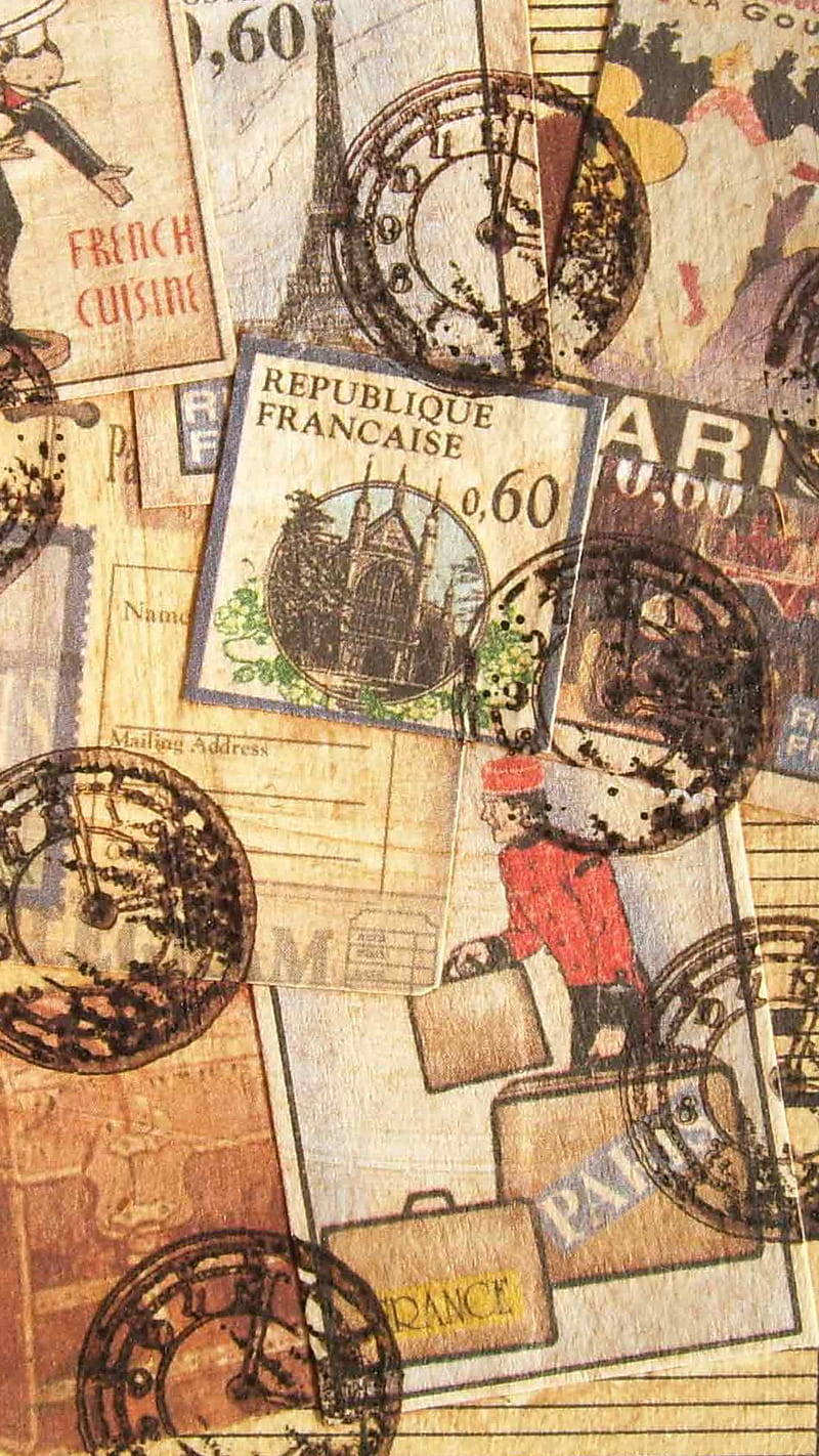 Vintage Paris, collage, parisian, postage, stamps, travel, HD phone wallpaper