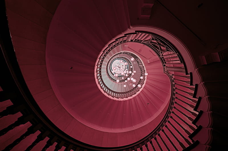 staircase, spiral, chandelier, construction, architecture, HD wallpaper
