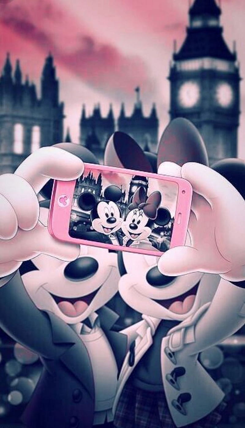 selfy, cartoon, happy, micky, mobil, moon, mouse, HD phone wallpaper