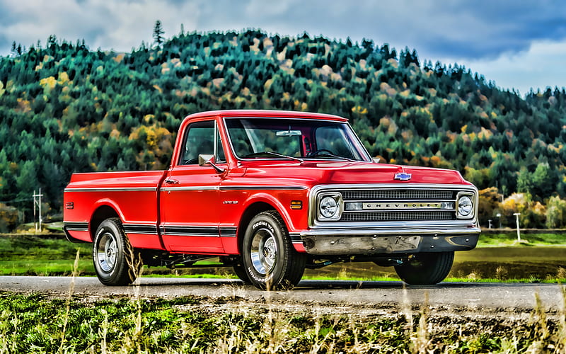 Chevrolet C10 Pickup, R, 1970 cars, road, retro cars, 1970 Chevrolet C10 Pickup, red pickup, american cars, Chevrolet, HD wallpaper