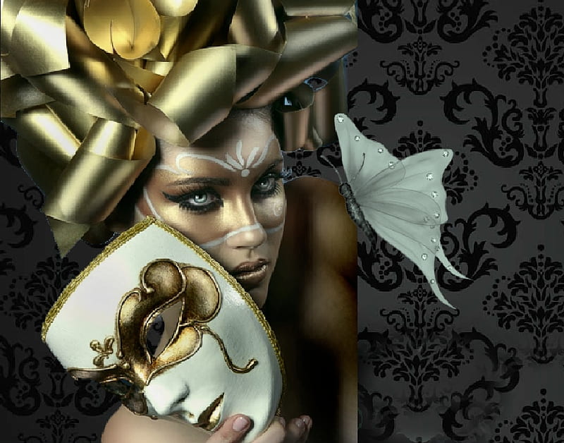 Double Golden Masks, female, black, creative, woman, masks, fantasy, gold, girl, feminine, blue, HD wallpaper