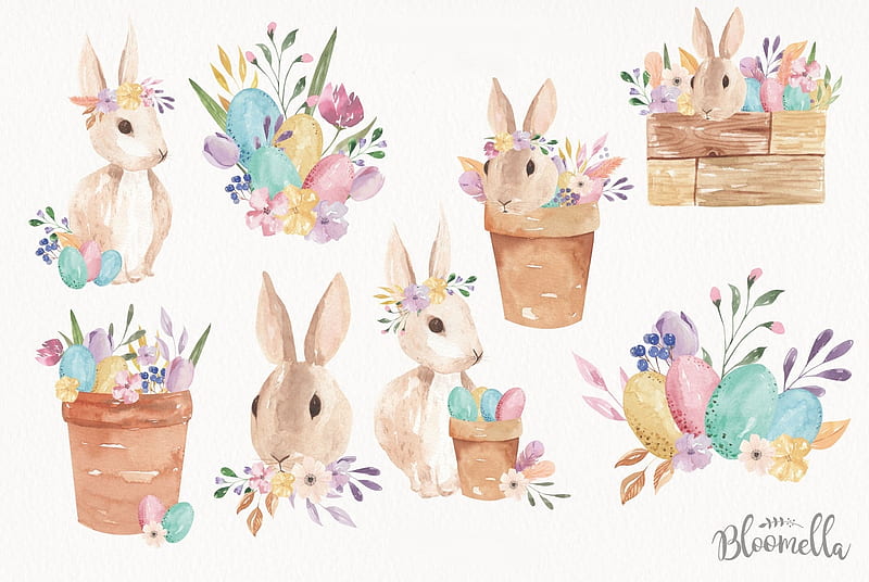 Happy Easter!, draw, rabbit, brown, pot, bunny, easter, watercolor, card, HD wallpaper