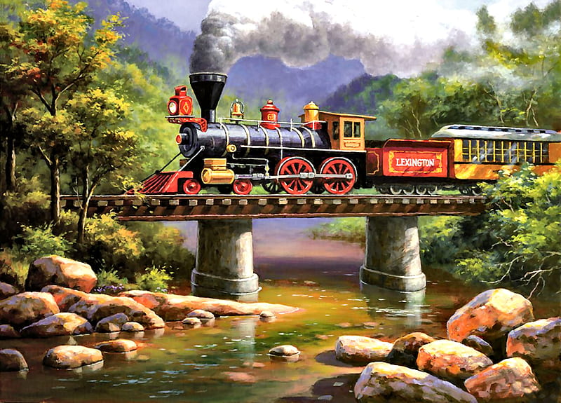 The Lexington Express - Train, railroad, art, locomotive, bonito, illustration, artwork, train, bridge, engine, painting, wide screen, river, tracks, landscape, HD wallpaper