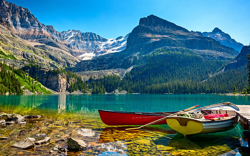 Canada, mountains, pier, blue lake, summer, boats, Alberta, Banff National Park, HD wallpaper