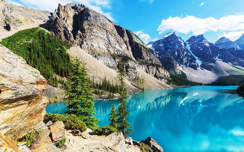 Moraine Lake, R, summer, mountains, Banff National park, Canada, HD wallpaper