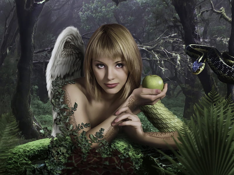 Forbidden Fruit, apple, fruit, gir, nature, snake, HD wallpaper
